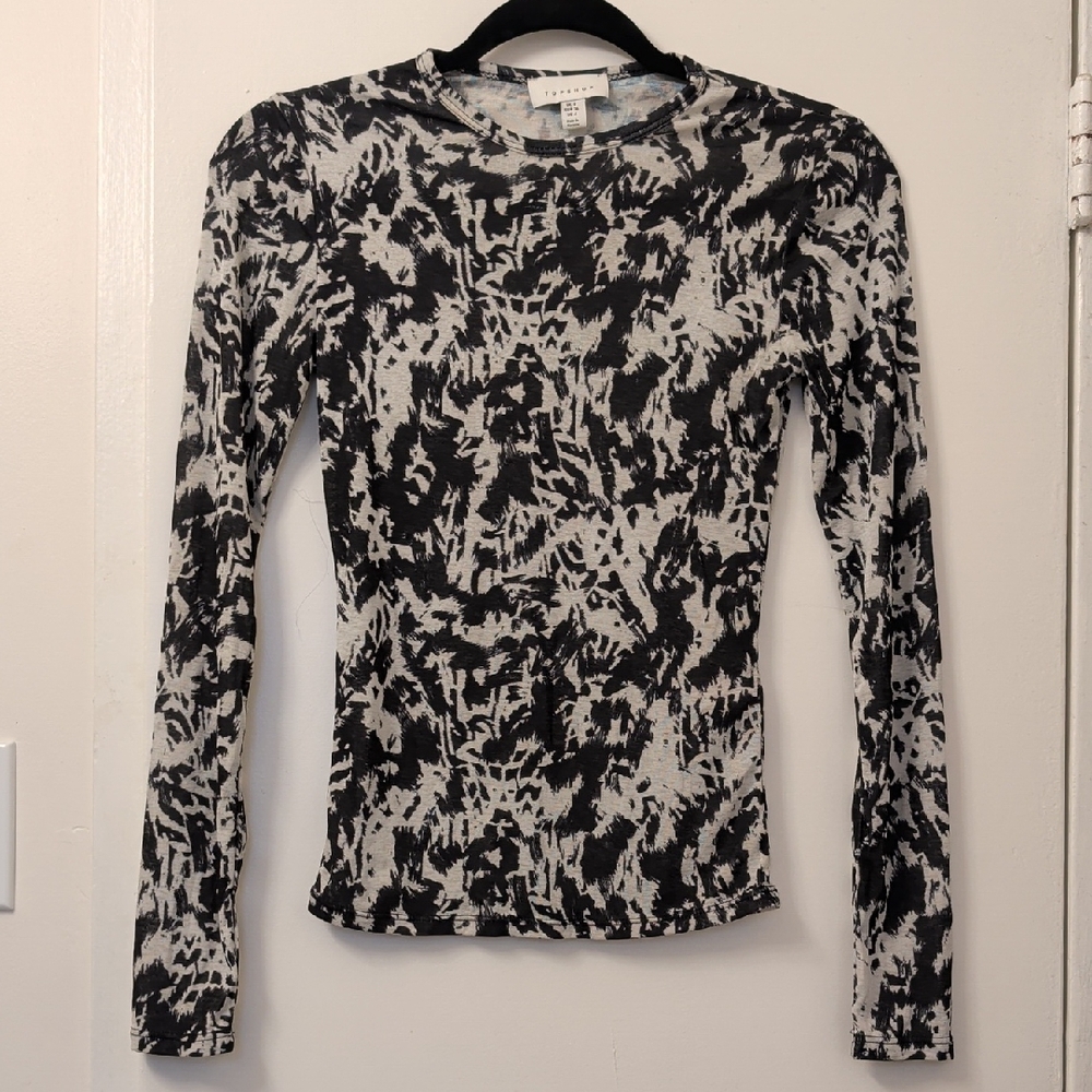 Topshop Black and White Long Sleeve Graphic Stretch Top Size US 4